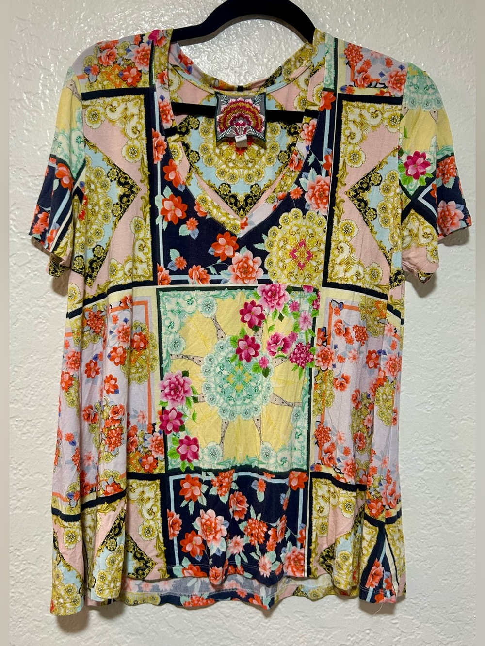 Johnny Was Floral Bamboo Viscose Sleep Top - White, Orange & Gray